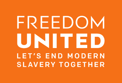 Freedom United logo in white on an orange background with strapline 'Let's End Modern Slavery Together' beneath