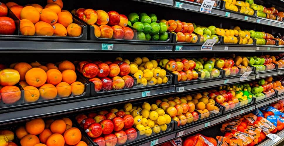 fruit shelves in supermarket