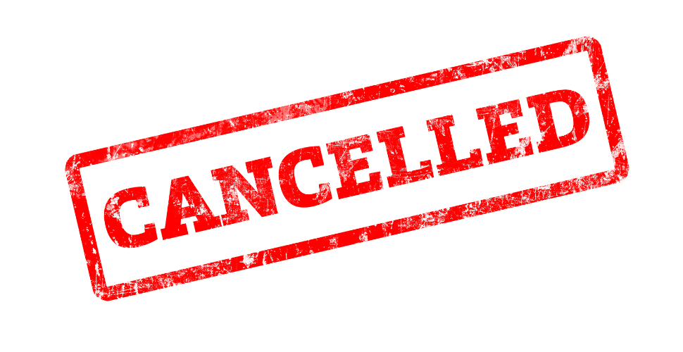 "Cancelled" written in capital red letter with box around it diagonally across image