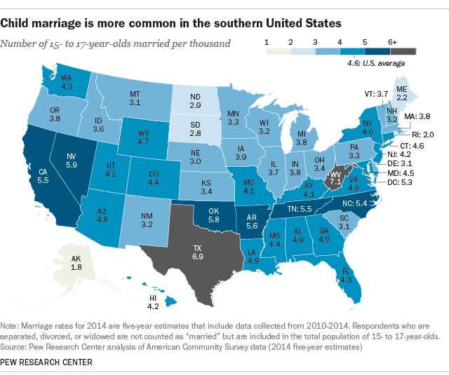 US map with numner of 15-17 year-olds married per thousand