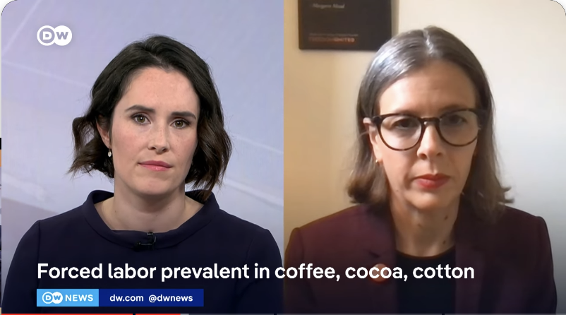 Two women next to each other via online camera, below a writing "Forced labor prevalent in coffee, cocoa, cotton"