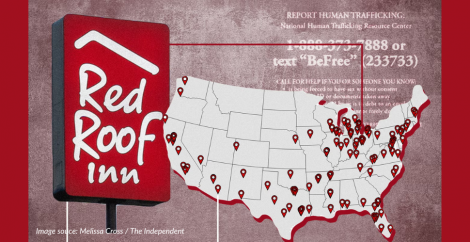 Red Roof Inn sign with human trafficking hotline information and the map of the US with pins showing all their locations