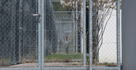 person behind chain link fence in an immigration detention center