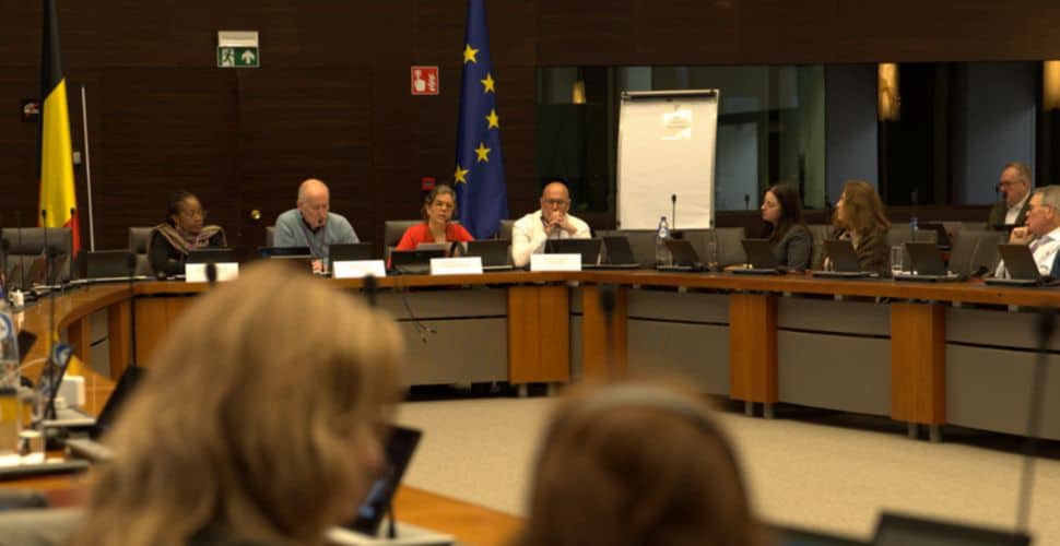 A woman speaks into a microphone at a panel discussion in a formal meeting