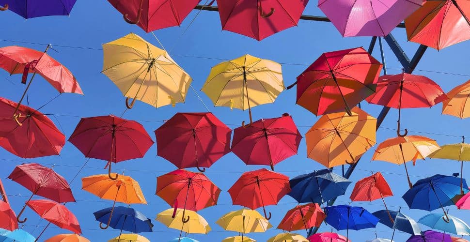 Umbrellas in the sky to symbolize sex workers' rights