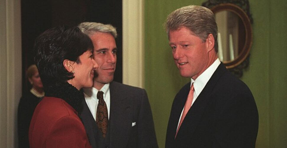 Jeffrey Epstein and Ghislaine Maxwell speaking with Bill Clinton